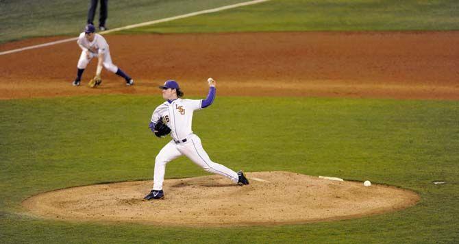 LSU sophomore left handed pitcher Jared Poche' (16) pitches the ball on Friday, Feb. 13, 2015 during the Tigers' 4-1 victory against Kansas in Alex Box Stadium.