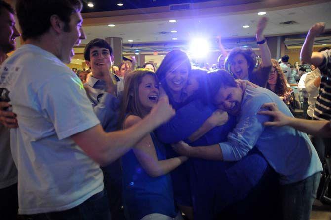 LSU Student Government vice presidential candidate Hannah Knight and presidential candidate Andrew Mahtook from the Here &amp; Now ticket win the 2015 Spring election on Wednesday, March 11, 2015 in the Live Oak Lounge.