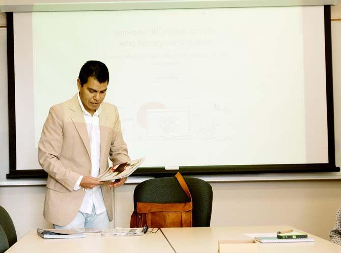 LSU PhD on comparative literature student Guillermo Severiche explains his research done in Havana film festival in Cuba on Friday, March 6, 2015, at Hodges Hall.