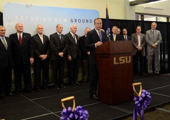 LSU President F. King Alexander speaks at the breaking ground ceremony for the renovations for Patrick F Talyor on November 17, 2014.