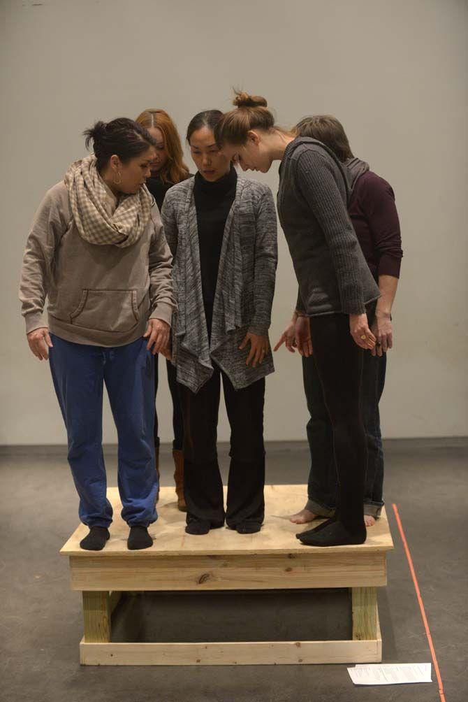 Co-Curator of Ten Tiny Dances CoCo Loupe and Mina Estrada alongside Head of Dance at LSU give dirctions to performers Anna Schawab and LSU sophomore in Apparel Design Jillian Keiffer during practice on Saturday, Feb. 28, 2015 at the Manship Theatre.