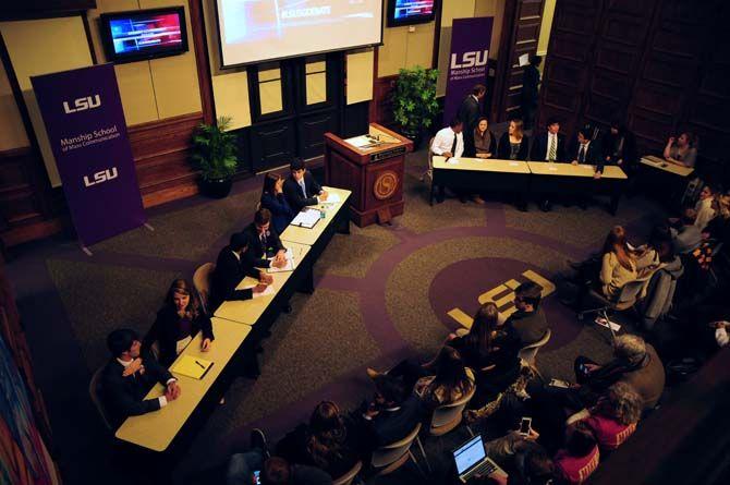 Candidates from the Make it Matter, More for LSU and Here &amp; Now tickets prepare for the 2015 Student Government Debate Thursday, March 5, 2015 in the Holliday Forum.