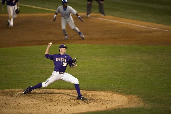 LSU freshman pitcher Alex Lange (35) throws a pitch against Kentucky. Tigers&#8217; lead 2-1 on the bottom of the 8th inning on Saturday, March 28, 2015 in the Alex Box Stadium.