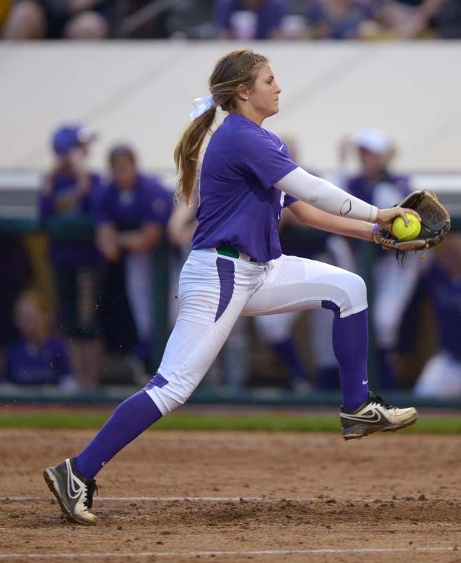 LSU sophomore pitcher Baylee Corbello (19) pitches the ball on Tuesday, March 17, 2015 during the Tigers' 6-1 win against Nicholls in Tiger Park.