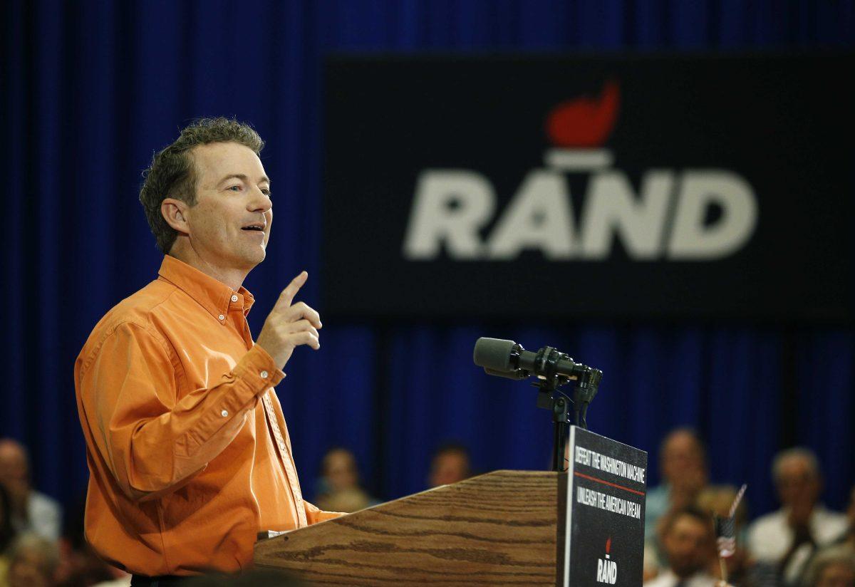 Republican Presidential candidate Sen. Rand Paul, R-Ky., speaks at a rally Saturday, April 11, 2015, in Las Vegas. (AP Photo/John Locher)