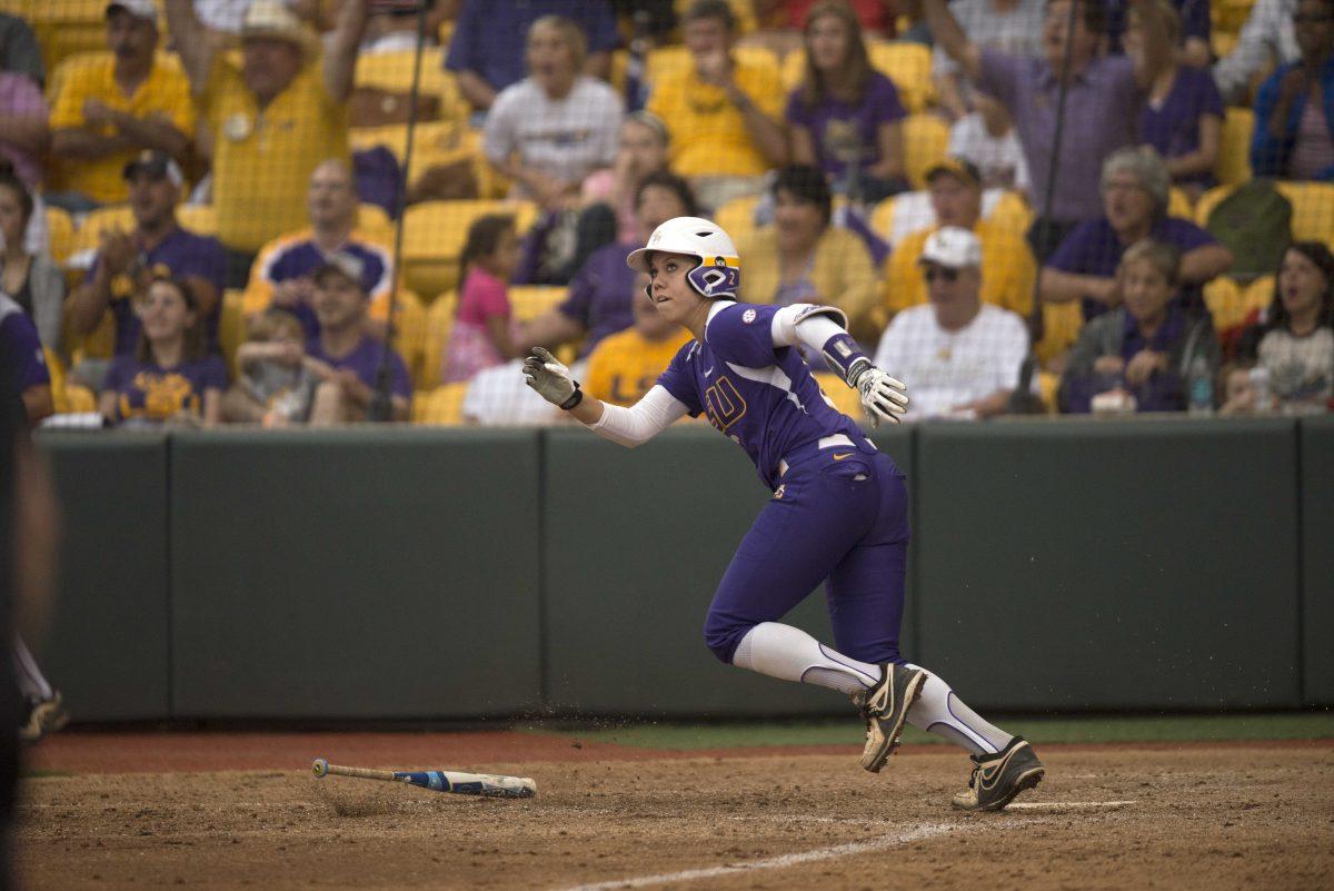 LSU sophomore catcher Sahvanna Jaquish (2) hits a home run during the Tigers' 10-2 victory against Oklahoma Saturday, March 21, 2015 in Tiger Park.