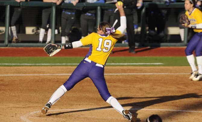 LSU sophomore pitcher/utility Baylee Corbello (19) pitches for the Lady Tigers on Tuesday, March 3, 2015, during their 11-0 win against Northwestern, at Tiger Park.