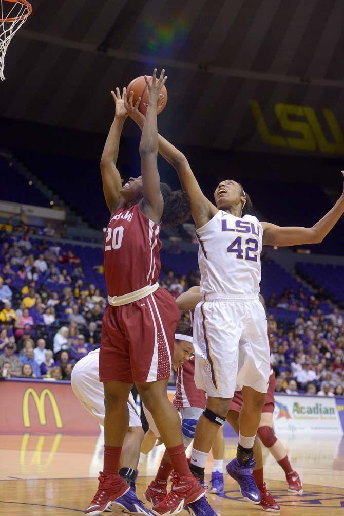 LSU senior forward, Sheila Boykin (42), steals the ball during the Tigers' 51-39 victory against Alabama on Sunday, Feb. 8, 2015, in the Pete Maravich Assembly Center.