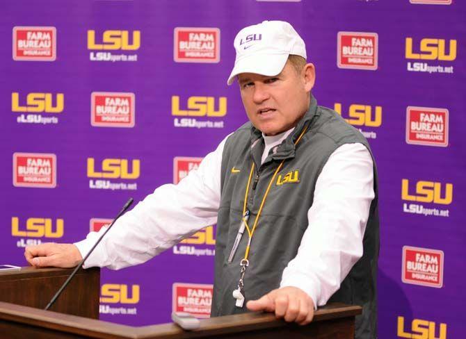 LSU head coach Les Miles adresses the press on Saturday, Mar. 07, 2015 after the first Spring football practice.