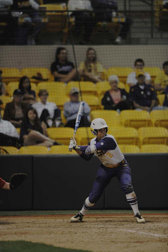 LSU sophomore infielder Sahvanna Jaquish (2) hits a homerun on Tuesday, March 24, 2015, during the Tigers' 8-0 win against South Alabama in Tiger Park.