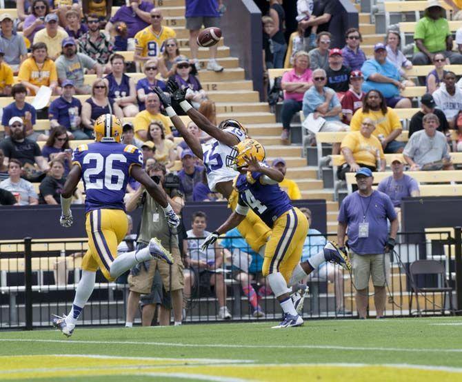 LSU sophomore wide receiver Malachi Dupre (15) scores a touchdown on April 18, 2015 druing the Spring football game where the white squad leads 31-0 against the purple squad.