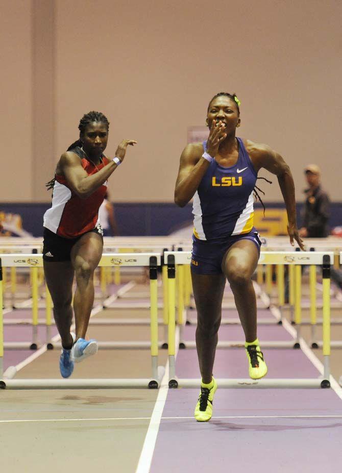 LSU freshman hurdler Daeshon Gordon participates in the hurdle events run on Friday Jan. 9, 2015, inside the Carl Maddox Field House.