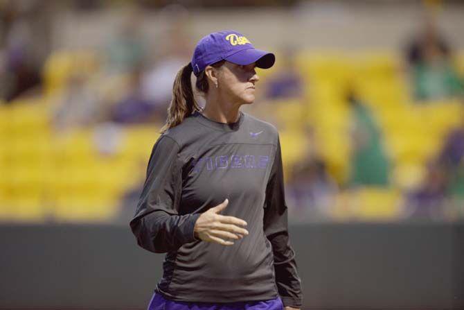 LSU softball head coach Beth Torina looks to the dugout on Tuesday, March 17, 2015 during the Tigers' 6-1 win against Nicholls in Tiger Park.