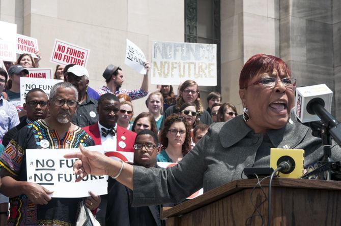 Louisiana Representative Patricia Smith speaks about state budget cuts and higher education during a protest on Wednesday, April 15, 2015 outside of the Capitol building.