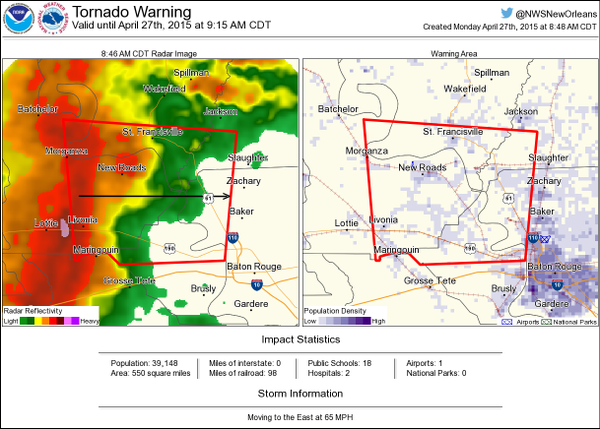 Tornado Warning issued for Baton Rouge area; LSU students instructed to take cover