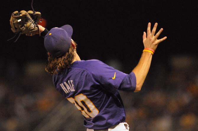 LSU senior infielder, Conner Hale (20), catches an out during LSU's 9-6 win at game two of the SEC Championships against Texas A&amp;M on Friday, April 24, 2015 in Alex Box Stadium.