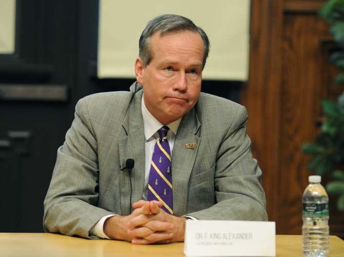 LSU President and Chancellor Dr. F. King Alexander on Wednesday, Mar. 18, 2015 answering questions concerning budget cuts at the Higher Education Forum in the Journalisim Building.