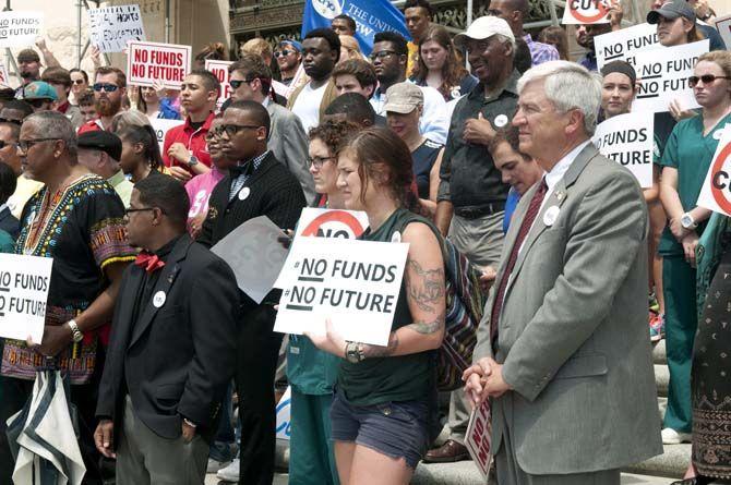 Students and faculty from Louisiana universities rally on the steps on the Capitol Building to protest cuts to higher education on Wednesday, April 15, 2015.