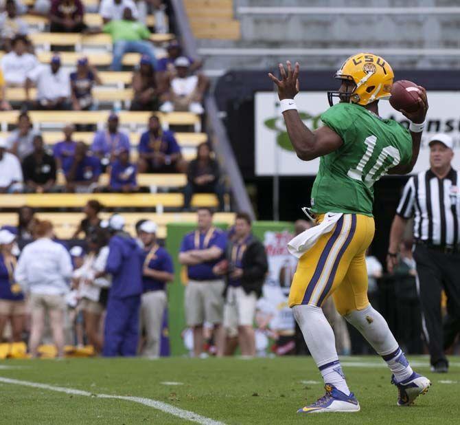 LSU junior quarterback Anthony Jennings (10) throws the ball during LSU white squad's 45-6 victory over LSU purple squad during the annual Spring Football game on Saturday, April 18, 2015 in Tiger Stadium.