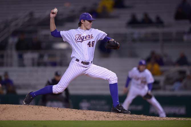 LSU sophomore pitcher Parker Bugg (46) pitching during 9-8 victory against Southeastern on Thursday, Feb. 26, 2015 in the Alex Box Stadium.