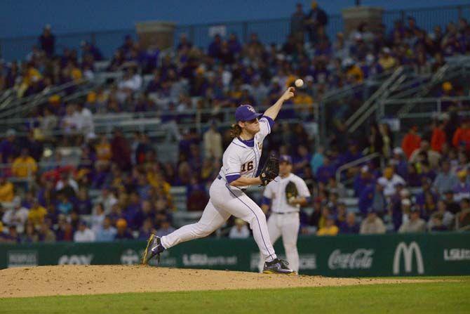 LSU sophomore pitcher Jared Poche (16) throws the ball on Friday, March 27, 2015, during the Tigers' 4-5 loss against Kentucky in Alex Box Stadium.