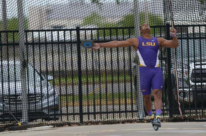 LSU senior trhower Rondey Brown trhows the discus during the 2015 LSU Invitational Battle on the Bayou on Saturday, April 4, 2015, at the Bernie Moore Stadium.