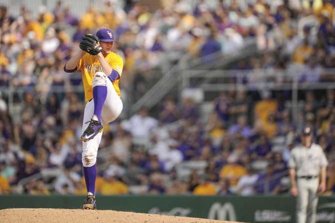 LSU freshman right handed pitcher Jake Godfrey pitches Sunday, March 15, 2015 during the Tigers' 18-6 victory against Ole Miss at Alex Box Stadium.