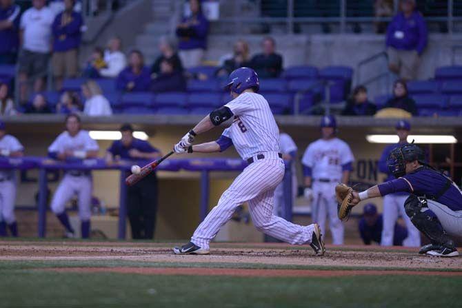 LSU junior infielder, Alex Bregman, hits the ball during LSU's 6-1 win on Tuesday, Apr. 28, 2015 against Alrcorn St. in the Alex Box Stadium.