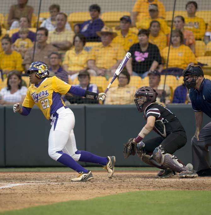 LSU junior infielder Bianka Bell (27) bats the ball on Monday, April 20, 2015, during the Tigers' game against Texas A&amp;M at TIger Park.