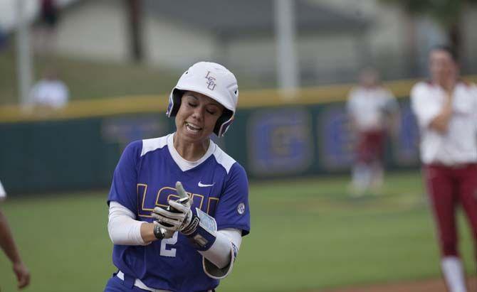 LSU sophomore catcher Sahvanna Jaquish (2) scores a homerun during the Tigers' 10-2 victory against Oklahoma Saturday, March 21, 2015 in Tiger Park.