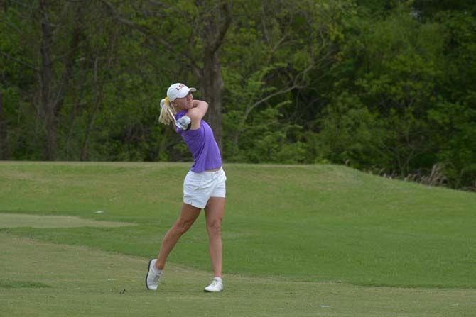 LSU senior Madelene Sagstrom hits the ball during the lady tiger's victory at the University Club on sunday March 29, 2015 during the Tiger Classic.