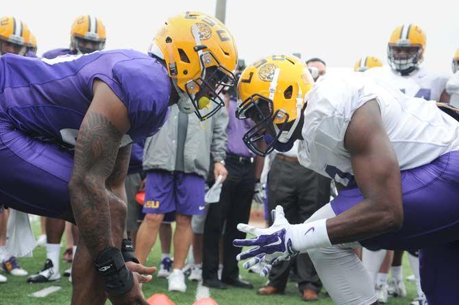 LSU senior DB Jalen Mills (28) and LSU sophomore WR John Diarse (9) on a one on one drill on Tuesday Apr. 14, 2015 on the football operations practice field