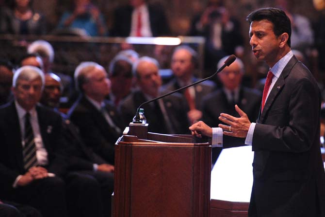 Louisiana Gov. Bobby Jindal speaks during the opening of the state legislature at the state capitol in Baton Rouge, La., Monday, March 10, 2014. (AP Photo/Hilary Scheinuk)