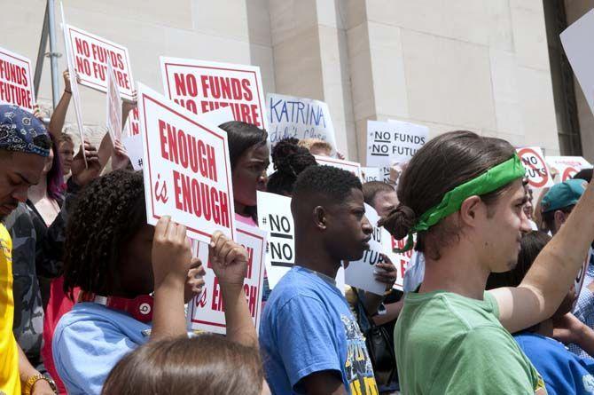 Students and faculty from Louisiana universities rally on the steps on the Capitol Building to protest cuts to higher education on Wednesday, April 15, 2015.