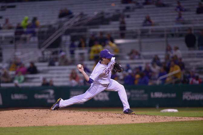 LSU sophomore pitcher Collin Strall pitching on April 28 during the Tigers' 6-1 win against Alcorn St. at Alex Box Stadium.