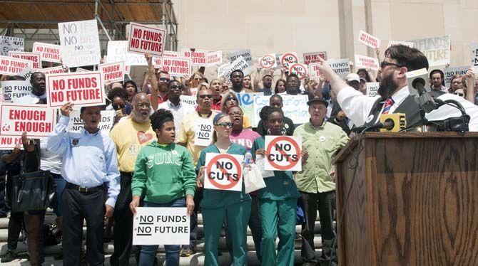 Students from across the state protest higher education budget cuts on Wednesday, April 15, 2015 outside of the Capitol building.