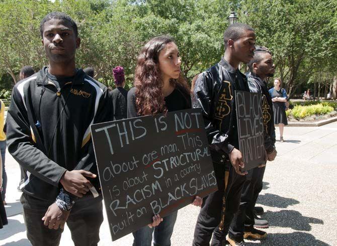 LSU organization Black Out holds a solidarity demonstration in the Quad on Wednesday , April 29, 2015 against police brutality and in honor of Freddie Gray in Baltimore.