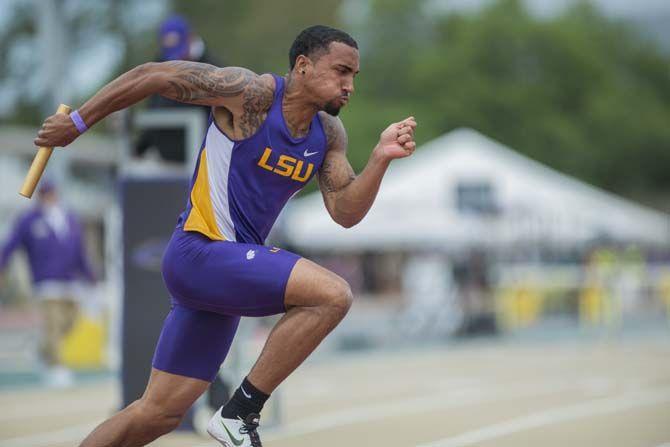 LSU senior Joshua Thompson runs the men 4x100 meter relay during the 2015 LSU Invitational Battle on the Bayou on Saturday, April 4, 2015, at the Bernie Moore Stadium.