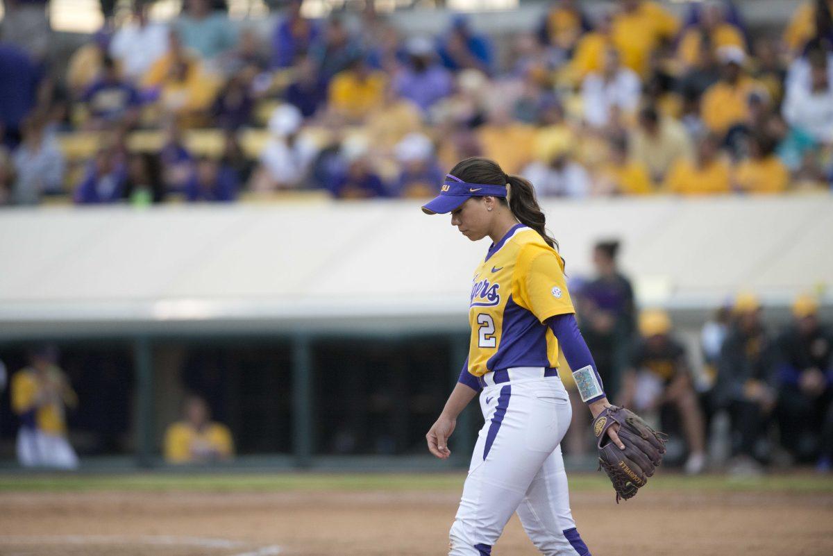 LSU sophomore infielder Sahvanna Jaquish looks down on Monday, April 20, 2015, during the Tigers' game against Texas A&amp;M at TIger Park.