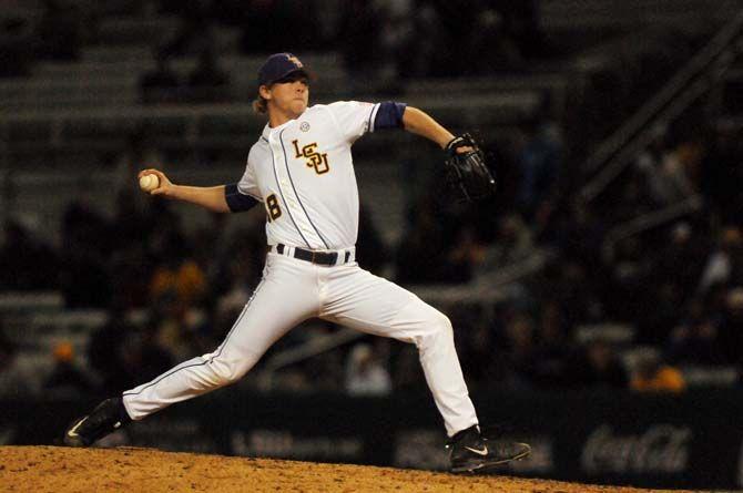 LSU freshman pitcher Austin Bain (18) throws the ball on Friday March 27, 2015 during the Tigers' 4-5 loss against Kentucky in Alex Box Stadium.