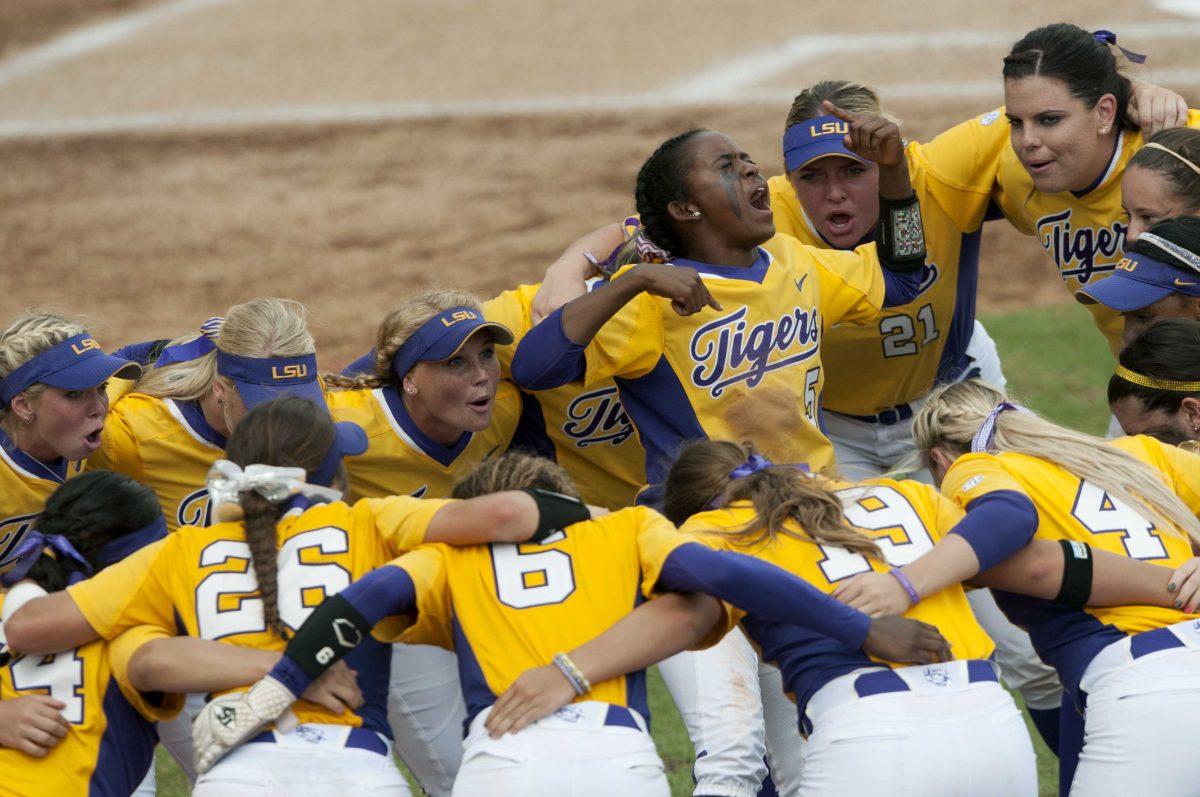 LSU sophomore infield Constance Quinn leads the team in a warm up chant before the Tiger's 4-3 second victory against Arizona St. on Sunday, May 17, 2015 in Tiger Park.