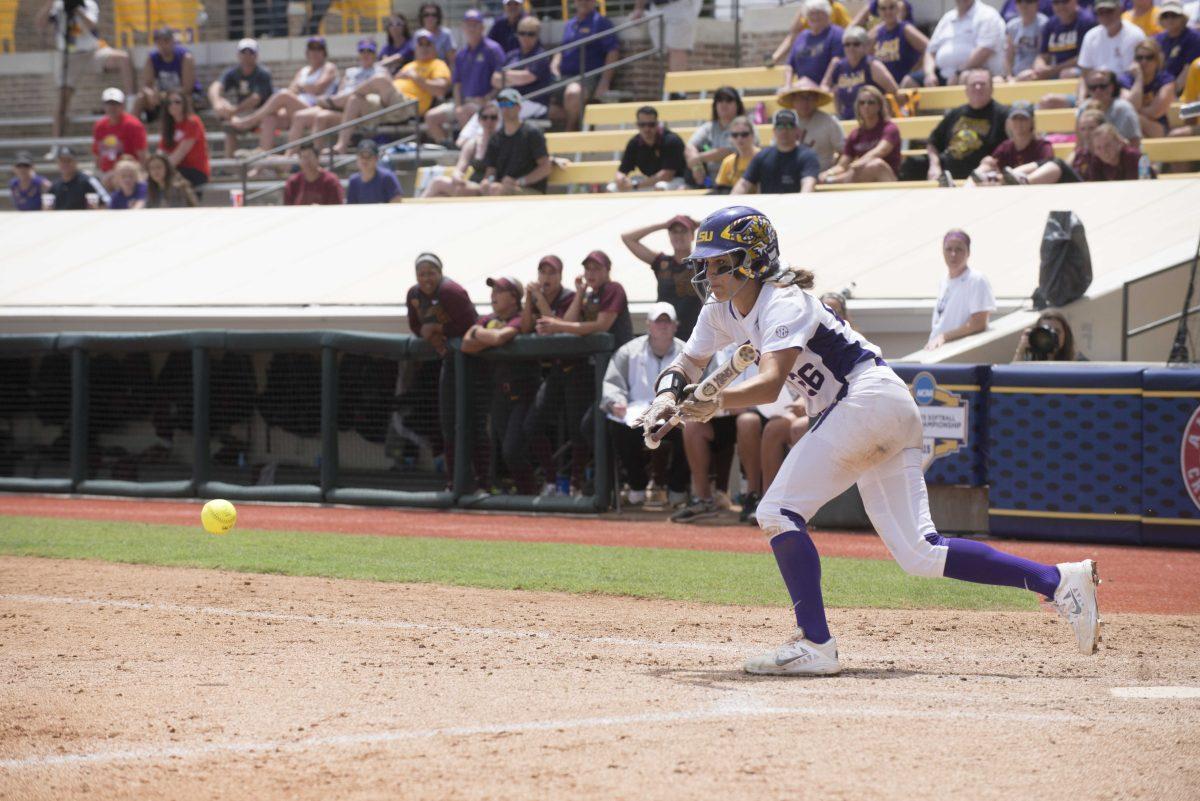 LSU sophomore outfielder Bailey Landry (26) hits the ball during the Tiger's 1-0 defeat against Arizona St. on Saturday, May 16, 2015 in Tiger Park.