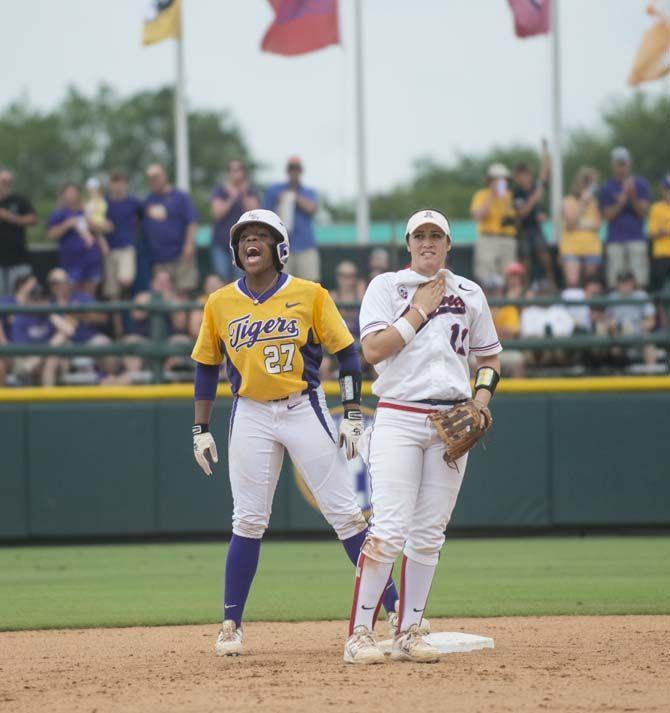 LSU junior infielder Bianka Bell (27) celebrates getting to second base during the Tiger's 10-5 final victory against Arizona on Sunday, May 24, 2015 in Tiger Park.