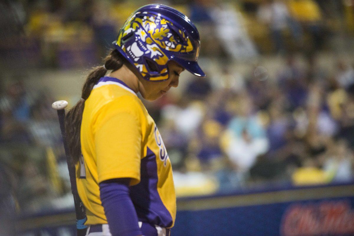 LSU sophomore infielder Sahvanna Jaquish (2) looks at the ground during the Tigers' 7-5 defeat against Tennessee in the SEC tournament on Thursday, May 7, 2015 in Tiger Park.