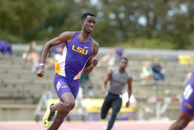 LSU junior Fitzroy Dunkley runs the men Men 400 Meter Dash were he finished first with a time of 46.55 at the 2015 LSU Invitational Battle on the Bayou on Saturday, April 4, 2015, in the Bernie Moore Stadium.