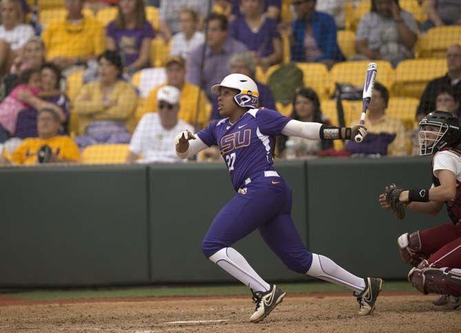 LSU junior infield Bianka Bell (27) hits a home run during the Tigers' 10-2 victory against Oklahoma Saturday, March 21, 2015 in Tiger Park.