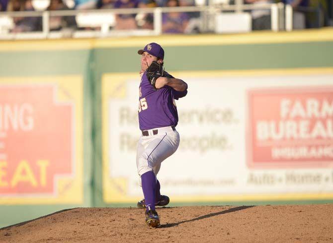 LSU Alex Lange (35) looks at first base during the Tigers' 7-3 victory against Kentucky on Saturday, March 28, 2015 in the Alex Box Stadium.