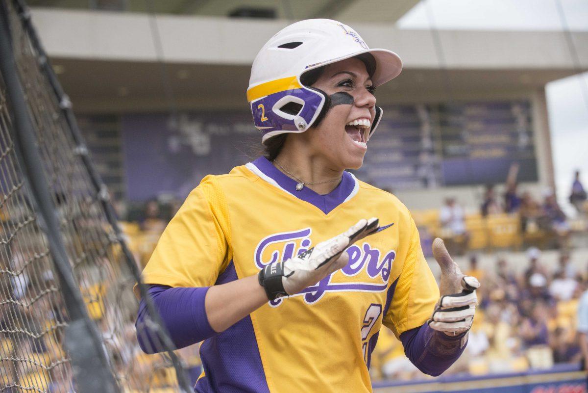 LSU sophomore infielder Sahvanna Jaquish (2) celebrates scoring a run during the Tiger's 5-0 victory against Arizona St. on Sunday, May 17, 2015 in Tiger Park.