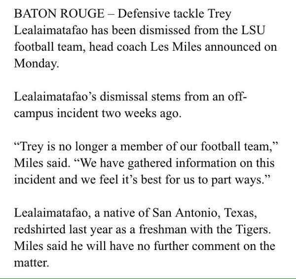 Today, Les Miles announced the release of defensive tackle Trey Lealaimatafao from the LSU football team.&#160;