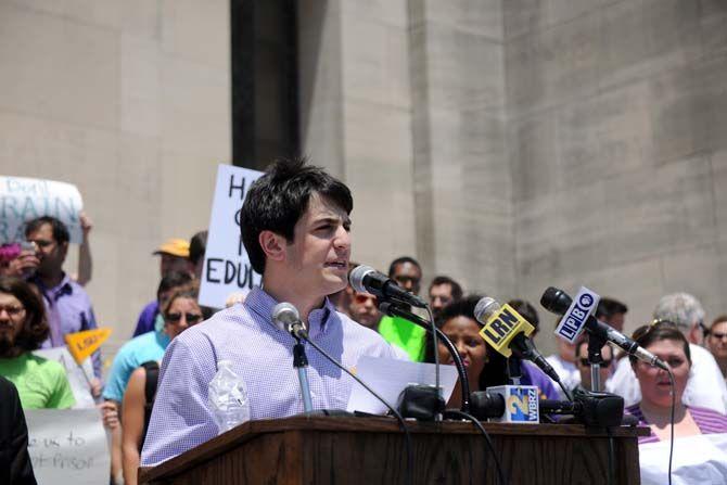 Student Government president Andrew Mahtook spoke on the steps of the Louisiana State Capitol building Thursday, Apr. 30, 2015 to protest higher education budget cuts.